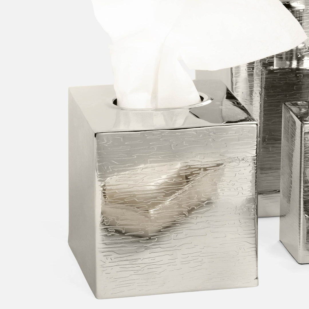 Elgin, Shiny Nickel, Tissue Box, Square Straight, Wavy Etched Stainless Steel