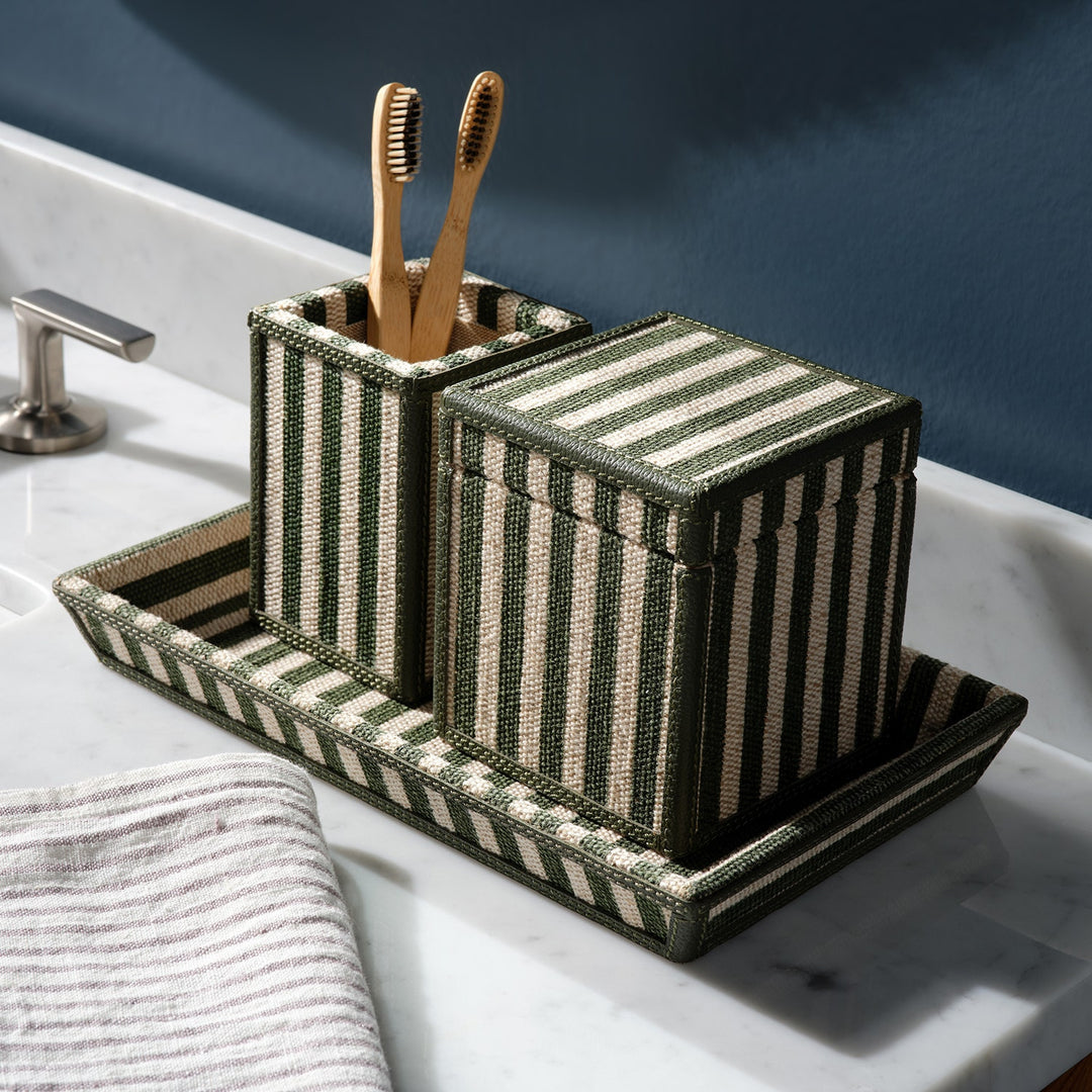 Franklin, Emerald Striped/Forest, Brush Holder, Square Straight, Cotton Jute/Leather