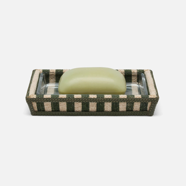 Franklin, Emerald Striped/Forest, Soap Dish, Rectangular Tapered, Cotton Jute/Leather