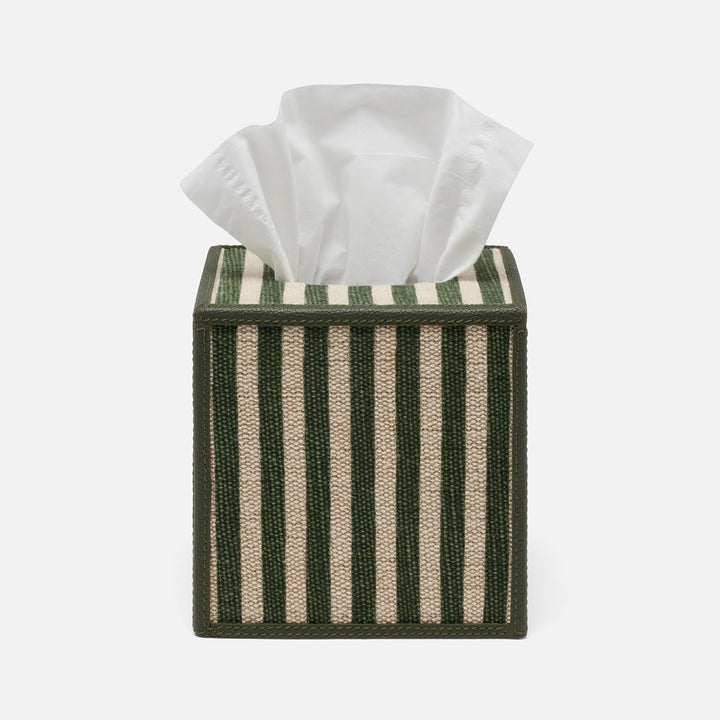 Franklin, Emerald Striped/Forest, Tissue Box, Square Straight, Cotton Jute/Leather