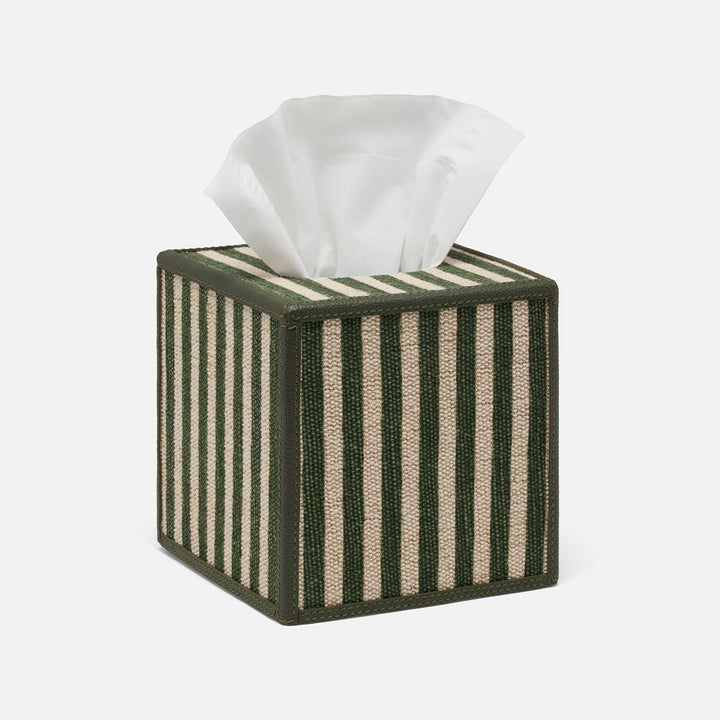 Franklin, Emerald Striped/Forest, Tissue Box, Square Straight, Cotton Jute/Leather