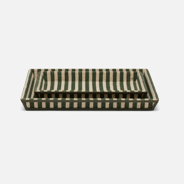 Franklin, Emerald Striped/Forest, Nested Trays, Rectangular Tapered, Cotton Jute/Leather, S/2