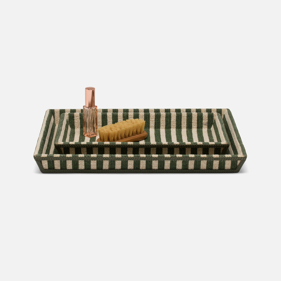 Franklin, Emerald Striped/Forest, Nested Trays, Rectangular Tapered, Cotton Jute/Leather, S/2
