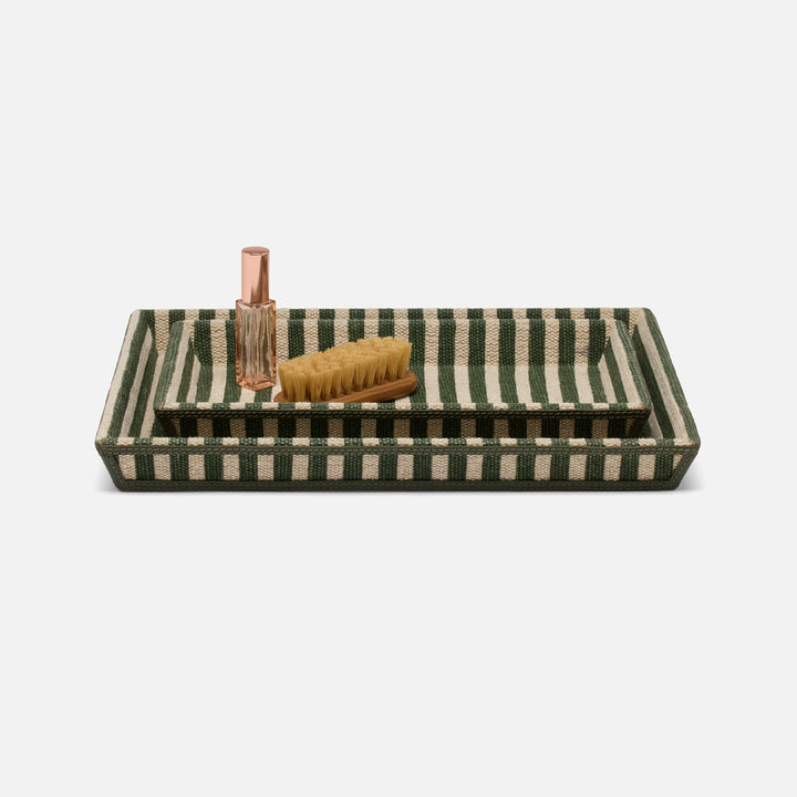 Franklin, Emerald Striped/Forest, Nested Trays, Rectangular Tapered, Cotton Jute/Leather, S/2