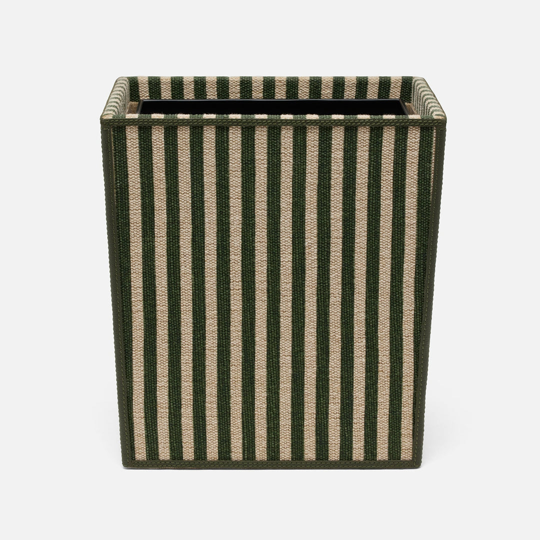 Franklin, Emerald Striped/Forest, Wastebasket, Rectangular Tapered, Cotton Jute/Leather