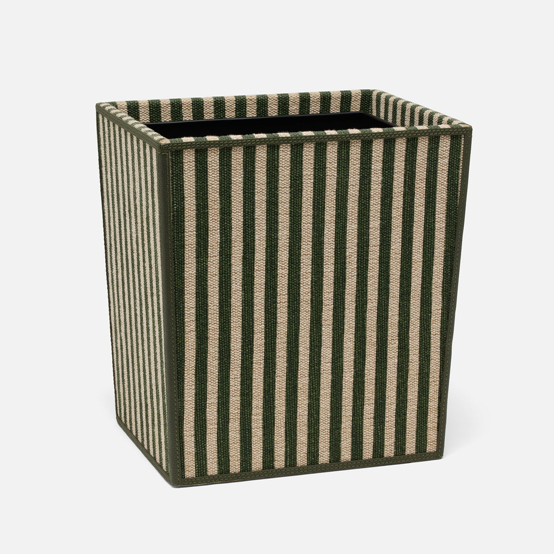Franklin, Emerald Striped/Forest, Wastebasket, Rectangular Tapered, Cotton Jute/Leather