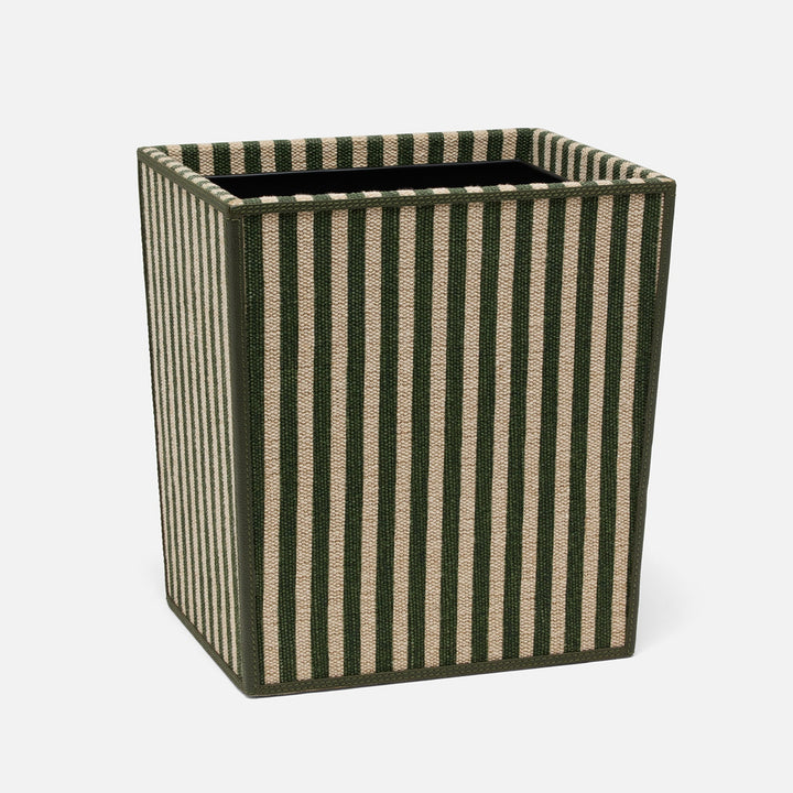 Franklin, Emerald Striped/Forest, Wastebasket, Rectangular Tapered, Cotton Jute/Leather