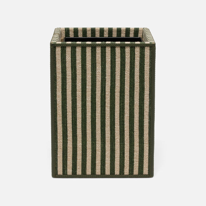 Franklin, Emerald Striped/Forest, Wastebasket, Square Straight, Cotton Jute/Leather