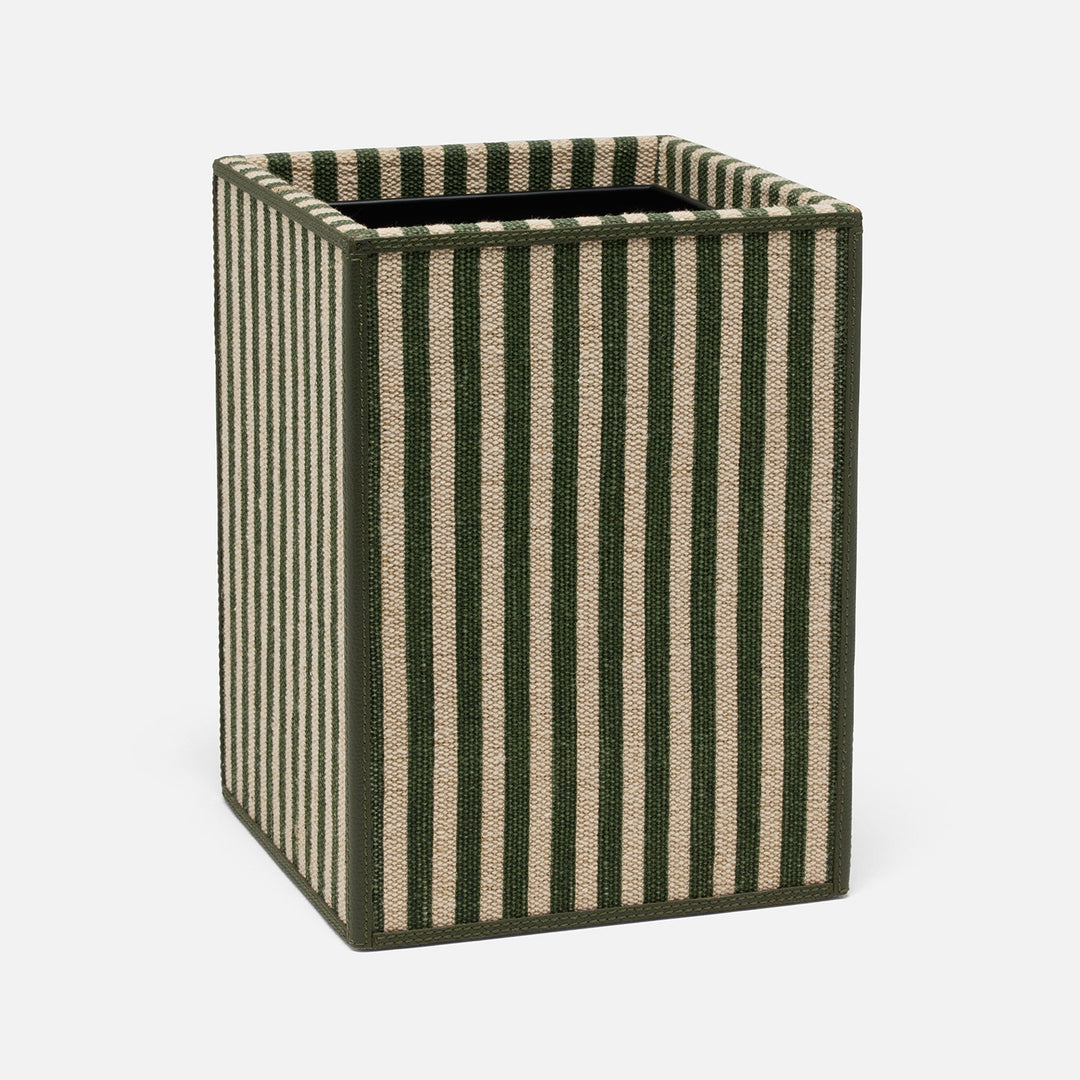 Franklin, Emerald Striped/Forest, Wastebasket, Square Straight, Cotton Jute/Leather