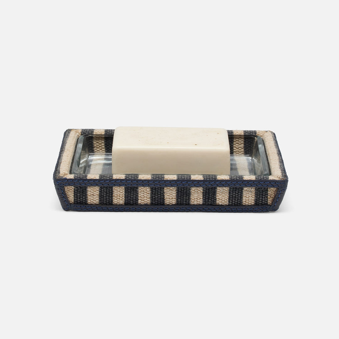 Franklin, Navy Striped/Navy, Soap Dish, Rectangular Tapered, Cotton Jute/Leather