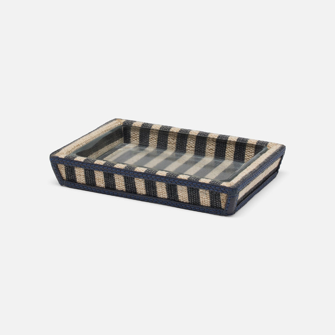 Franklin, Navy Striped/Navy, Soap Dish, Rectangular Tapered, Cotton Jute/Leather