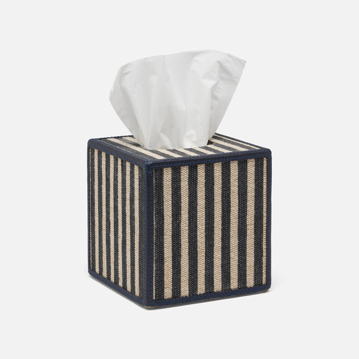 Franklin, Navy Striped/Navy, Tissue Box, Square Straight, Cotton Jute/Leather