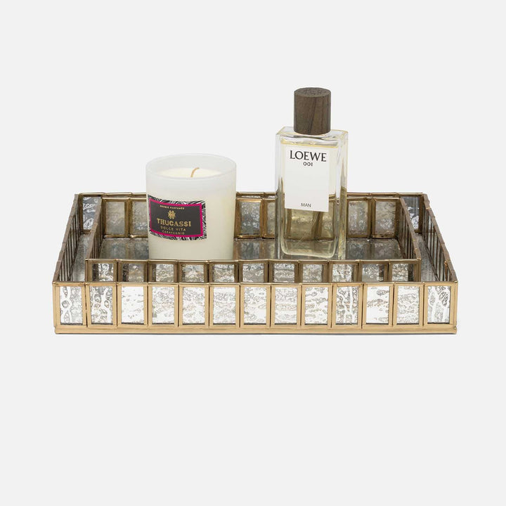 Grevena, Antique Gold, Eglomise Glass, Nested Trays, Rectangular Straight, Brass/Glass, S/2