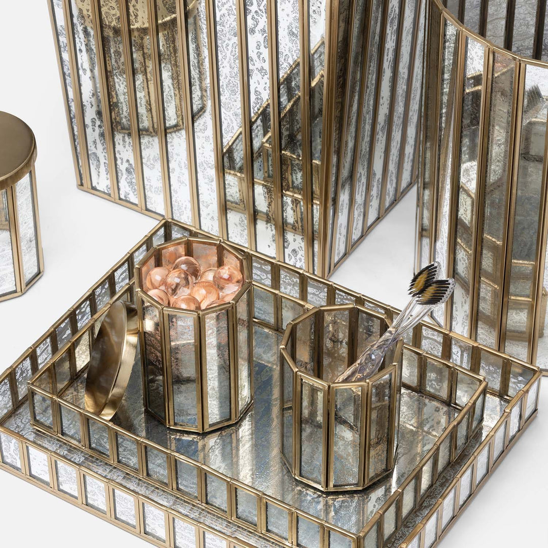 Grevena, Antique Gold, Eglomise Glass, Nested Trays, Rectangular Straight, Brass/Glass, S/2