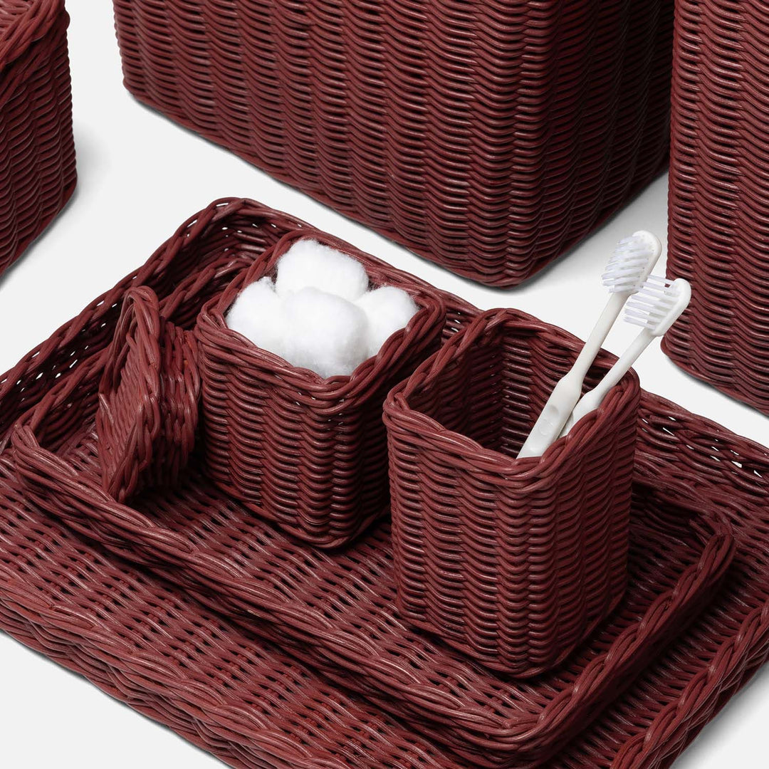 Kardia, Bordeaux Red, Nested Trays, Rectangular Straight, Rattan, S/2