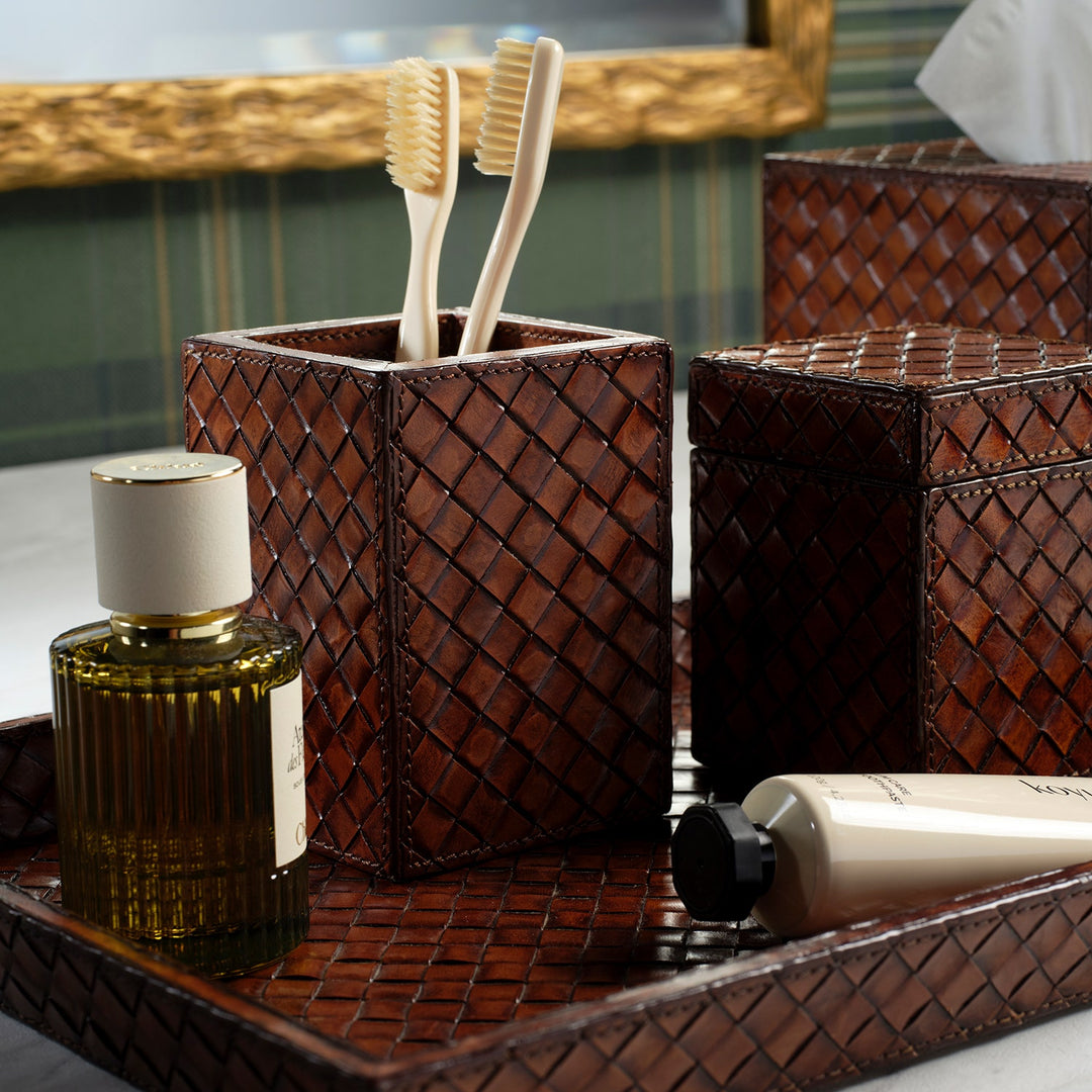 Lexington, Antique Tobacco, Brush Holder, Square Straight, Woven Leather
