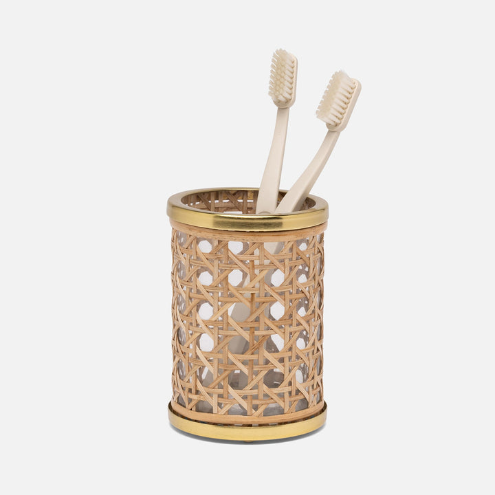 Norwell, Natural/Clear/Gold, Brush Holder, Round, Rattan/Glass/Stainless Steel