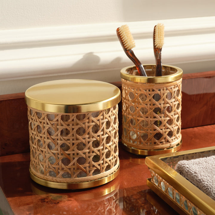 Norwell, Natural/Clear/Gold, Brush Holder, Round, Rattan/Glass/Stainless Steel