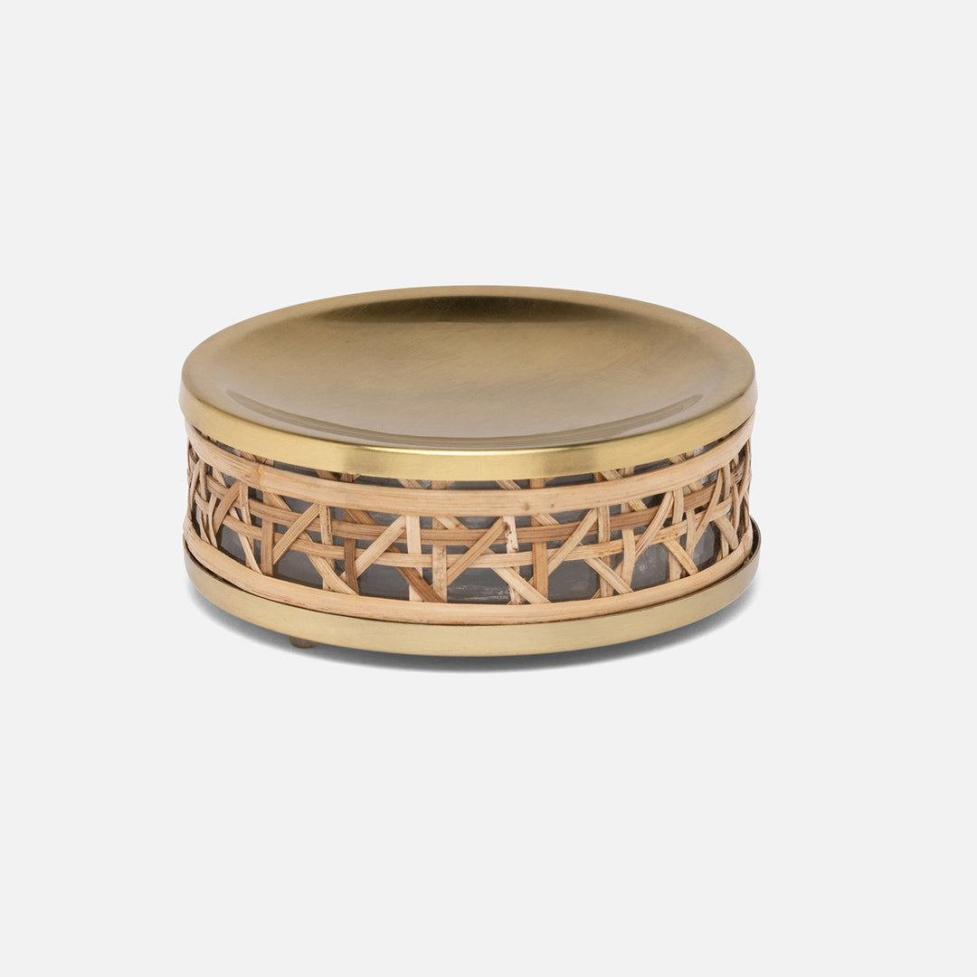 Norwell, Natural/Clear/Gold, Soap Dish, Round, Rattan/Glass/Stainless Steel