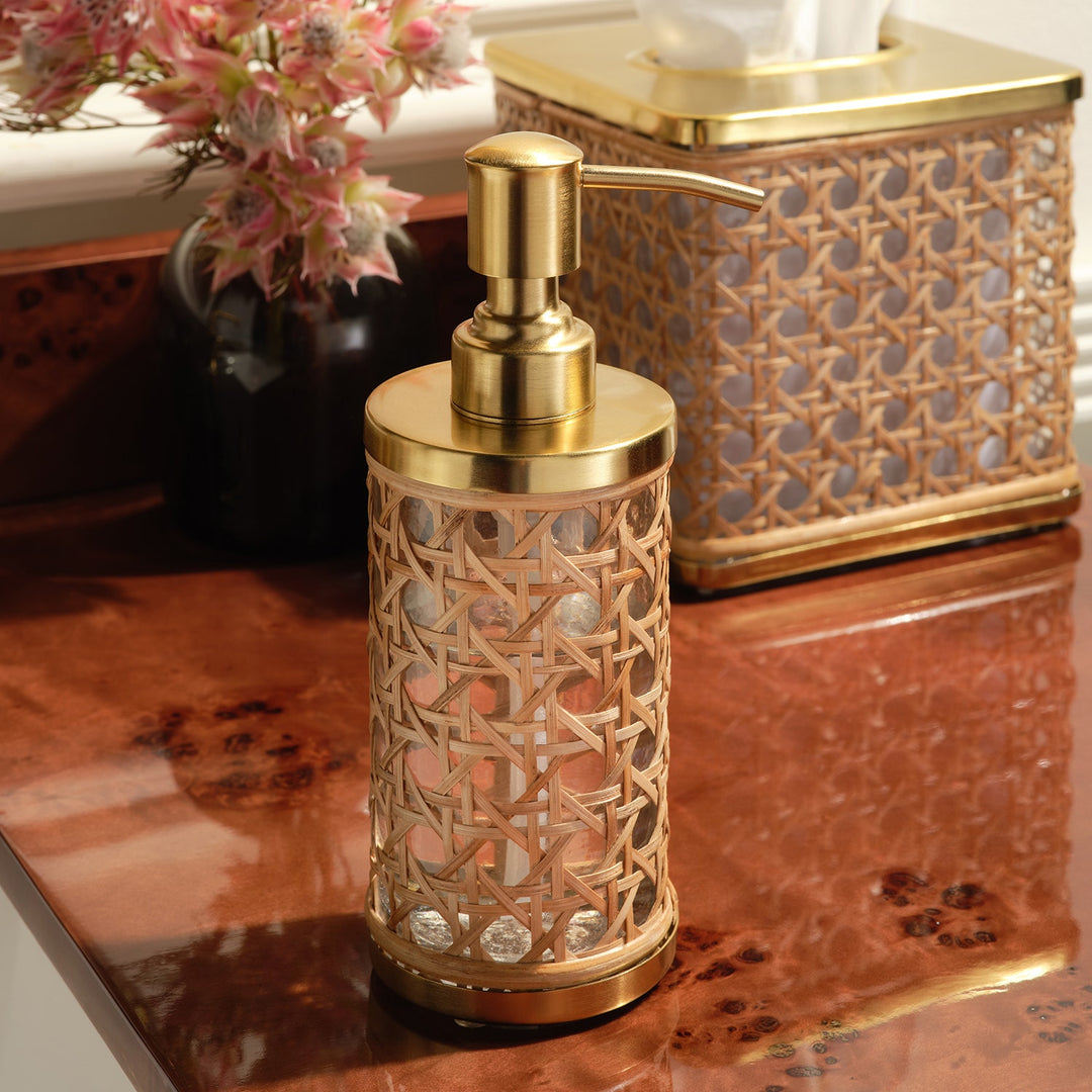 Norwell, Natural/Clear/Gold, Soap Pump, Round, Rattan/Glass/Stainless Steel