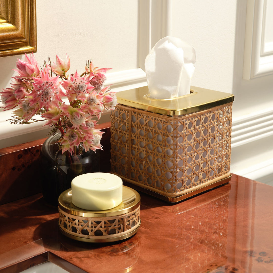Norwell, Natural/Clear/Gold, Tissue Box, Square Straight, Rattan/Glass/Stainless Steel