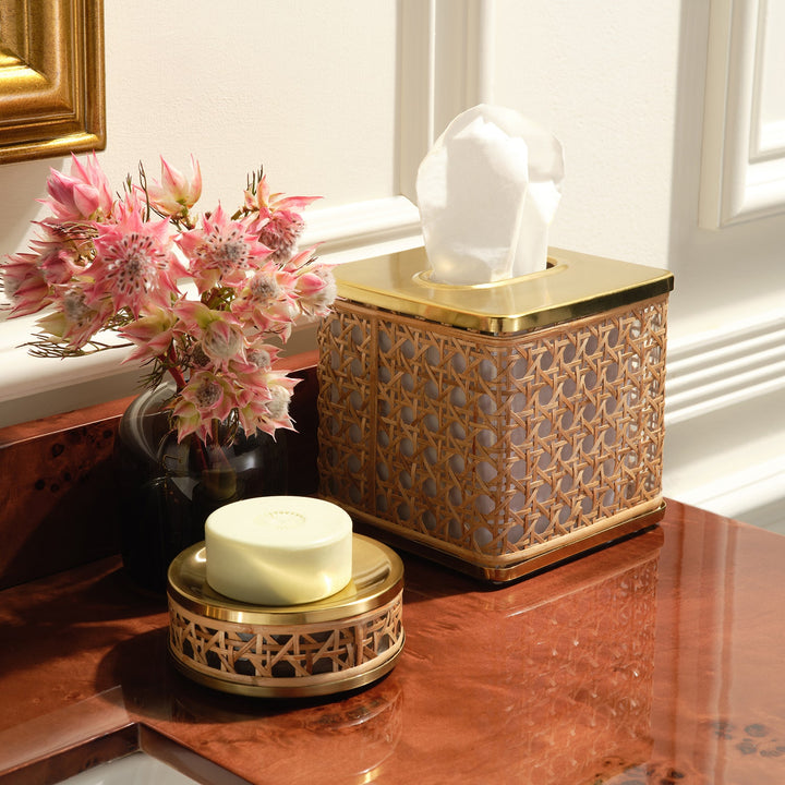 Norwell, Natural/Clear/Gold, Tissue Box, Square Straight, Rattan/Glass/Stainless Steel