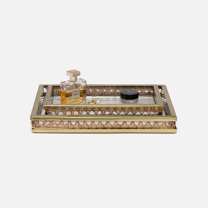 Norwell, Natural/Clear/Gold, Nested Trays, Rectangular Straight, Rattan/Glass/Stainless Steel, S/2
