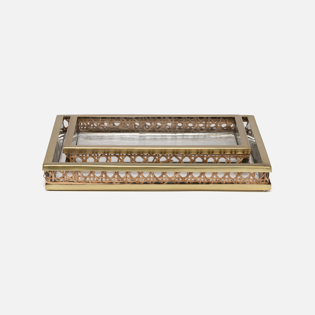 Norwell, Natural/Clear/Gold, Nested Trays, Rectangular Straight, Rattan/Glass/Stainless Steel, S/2