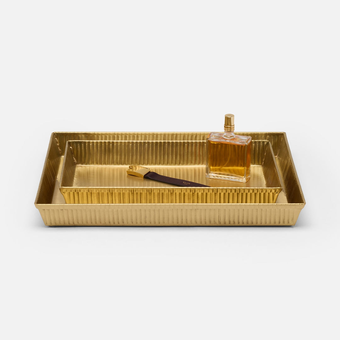 Redon, Antique Brass, Nested Trays, Rectangular Tapered, Ribbed Metal, S/2