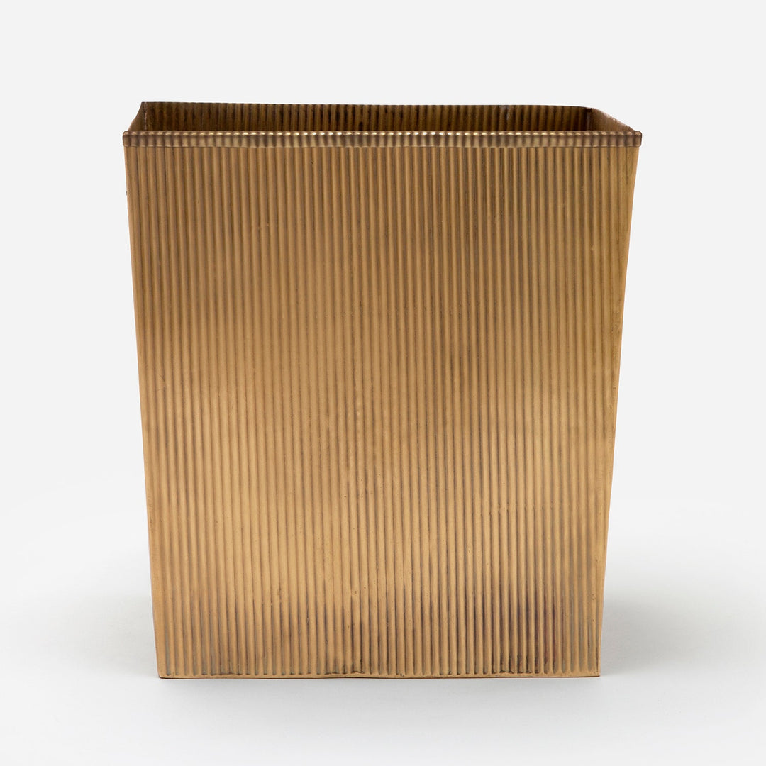 Redon, Antique Brass, Wastebasket, Rectangular Tapered, Ribbed Metal