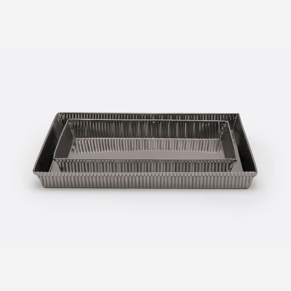 Redon, Black Nickel, Nested Trays, Rectangular Tapered, Ribbed Metal, S/2