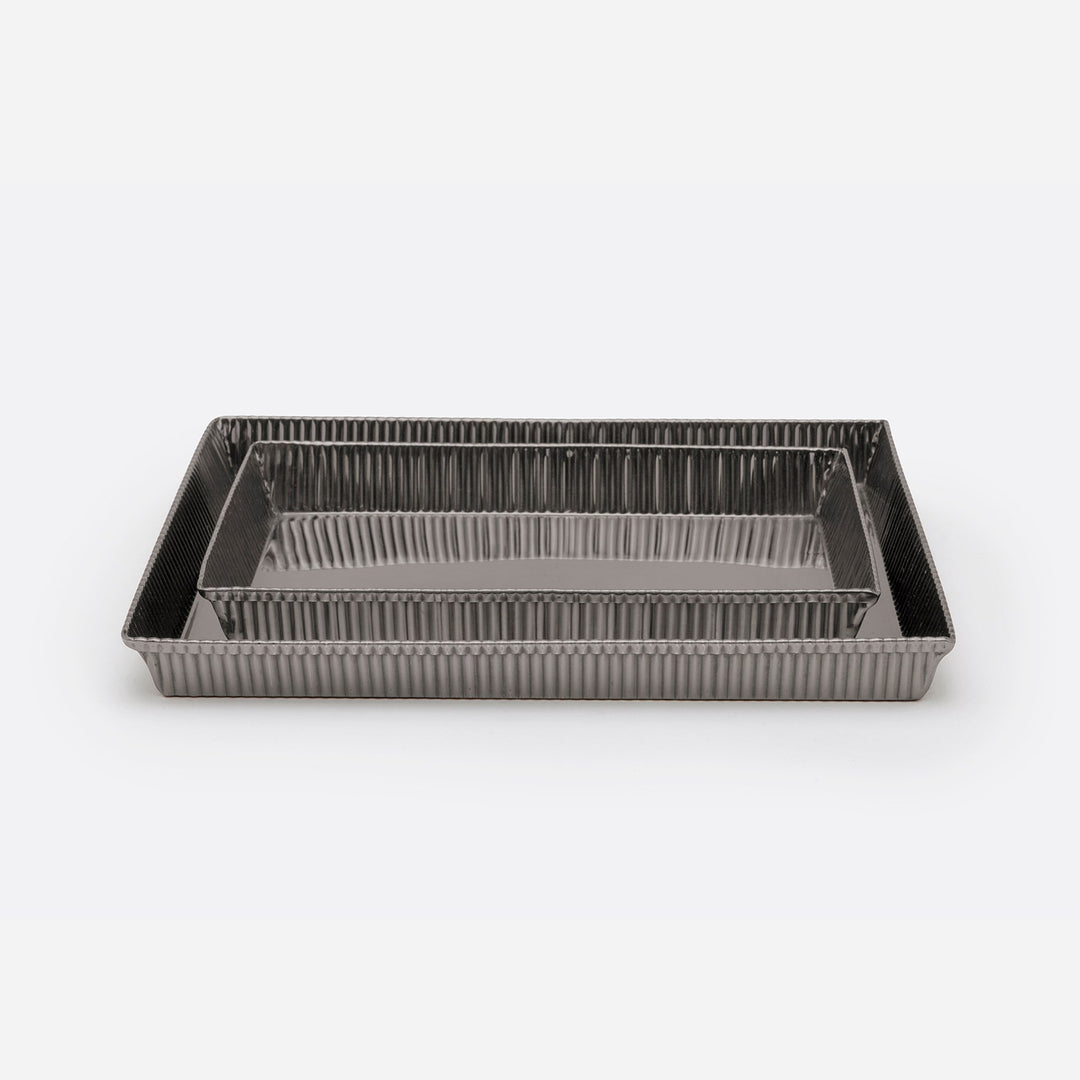 Redon, Black Nickel, Nested Trays, Rectangular Tapered, Ribbed Metal, S/2