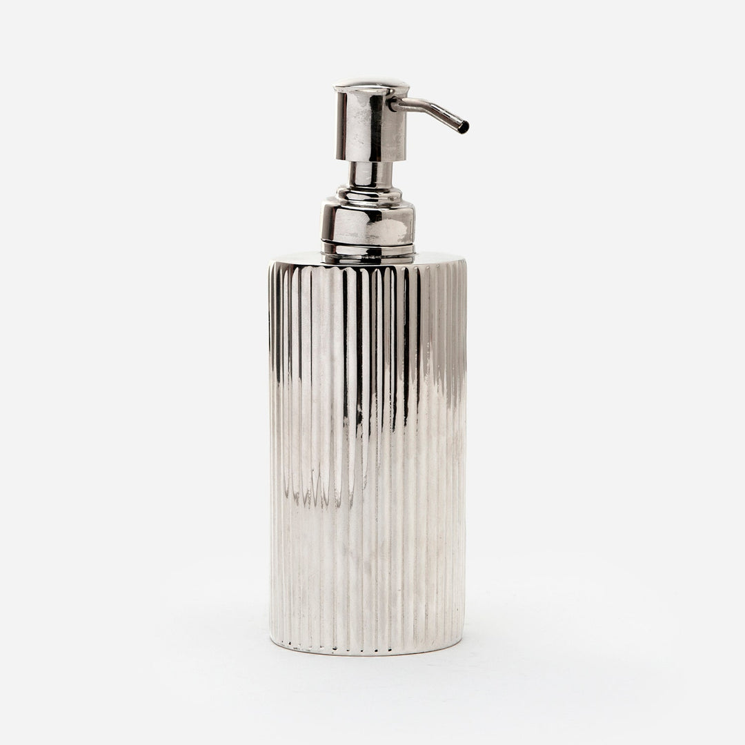 Redon, Shiny Nickel, Soap Pump, Round Straight, Ribbed Metal
