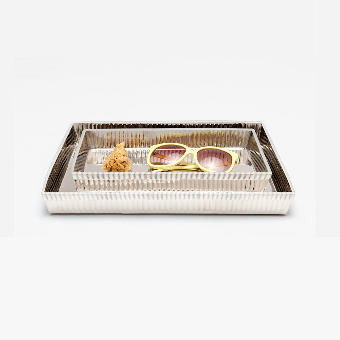 Redon, Shiny Nickel, Nested Trays, Rectangular Tapered, Ribbed Metal, S/2