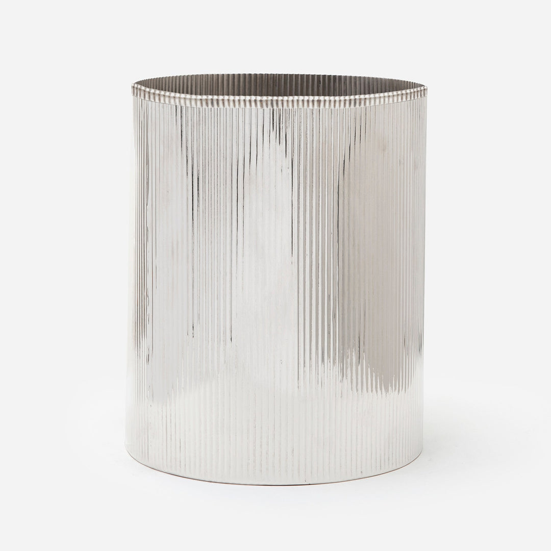 Redon, Shiny Nickel, Wastebasket, Round, Ribbed Metal