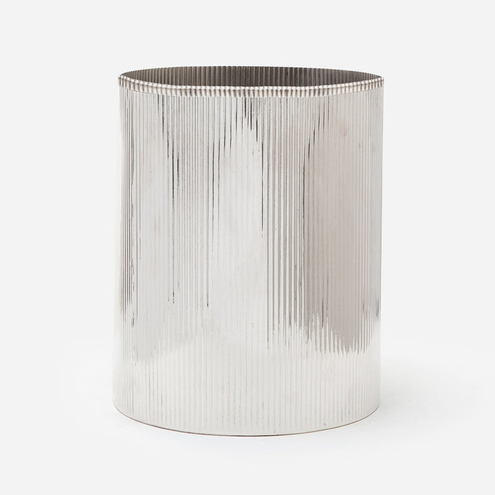 Redon, Shiny Nickel, Wastebasket, Round, Ribbed Metal