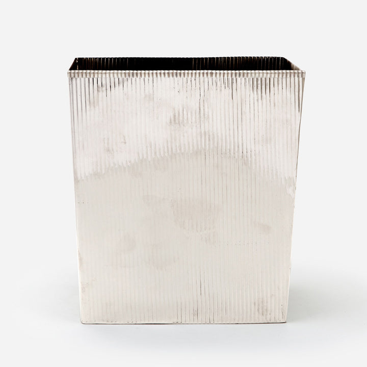 Redon, Shiny Nickel, Wastebasket, Rectangular Tapered, Ribbed, Ribbed Metal