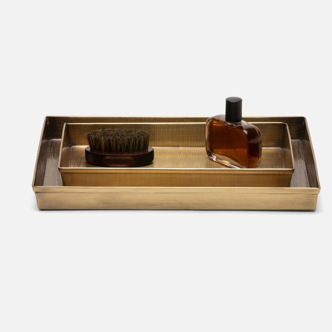 Remy, Antique Brass, Nested Trays, Rectangular Straight, Textured Stainless Steel, S/2