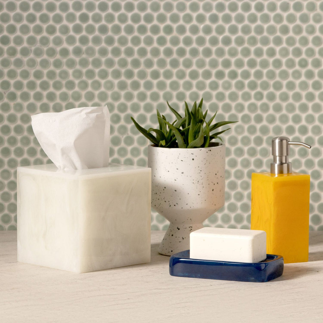Abiko, Pearl White, Tissue Box, Square Straight, Cast Resin