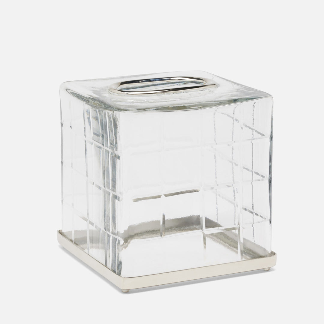 Argos, Clear, Tissue Box, Square Straight, Glass W/Nickel Trim