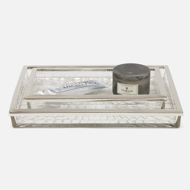 Argos, Clear, Nested Trays, Rectangular Straight, Glass W/Nickel Trim, S/2