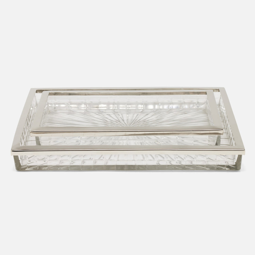 Argos, Clear, Nested Trays, Rectangular Straight, Glass W/Nickel Trim, S/2