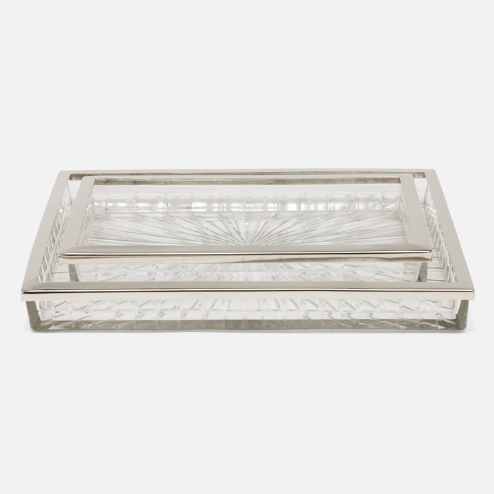 Argos, Clear, Nested Trays, Rectangular Straight, Glass W/Nickel Trim, S/2