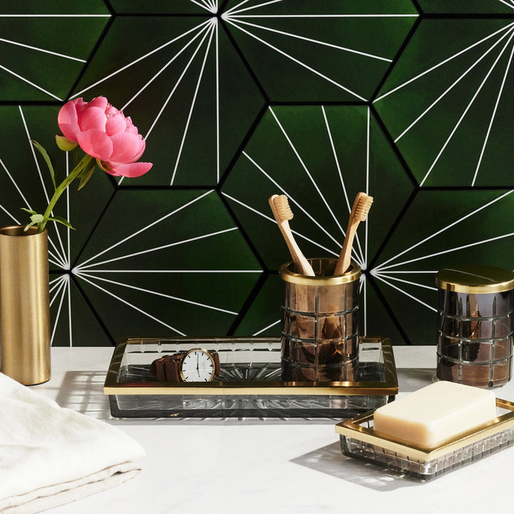 Argos, Smoke, Brush Holder, Glass W/Brass Trim