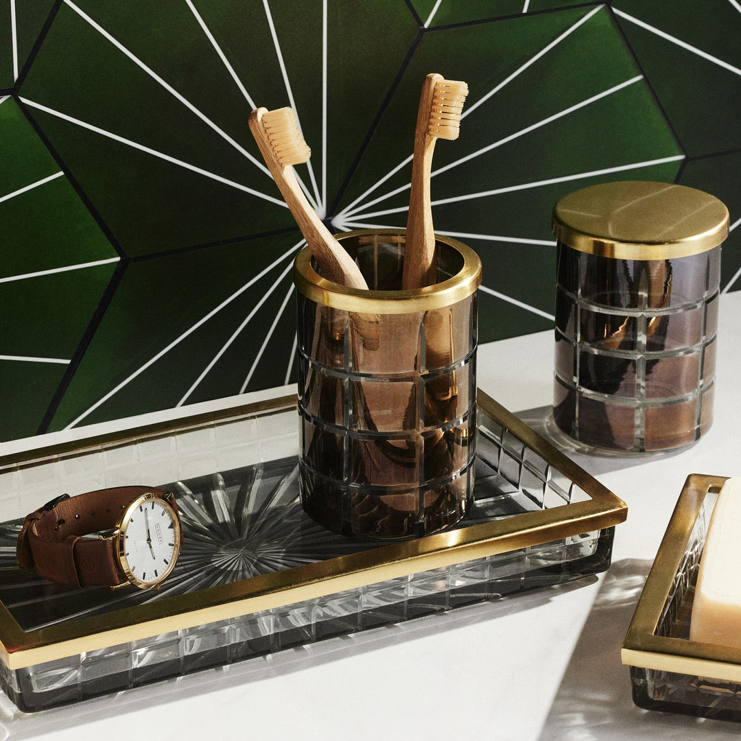 Argos, Smoke, Brush Holder, Glass W/Brass Trim