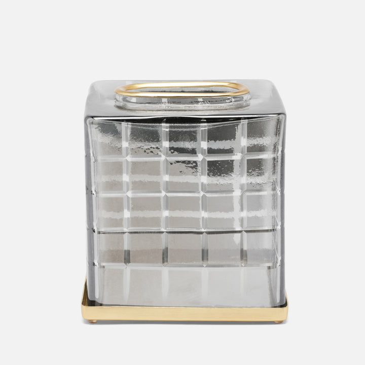 Argos, Smoke, Tissue Box, Square Straight, Glass W/Brass Trim