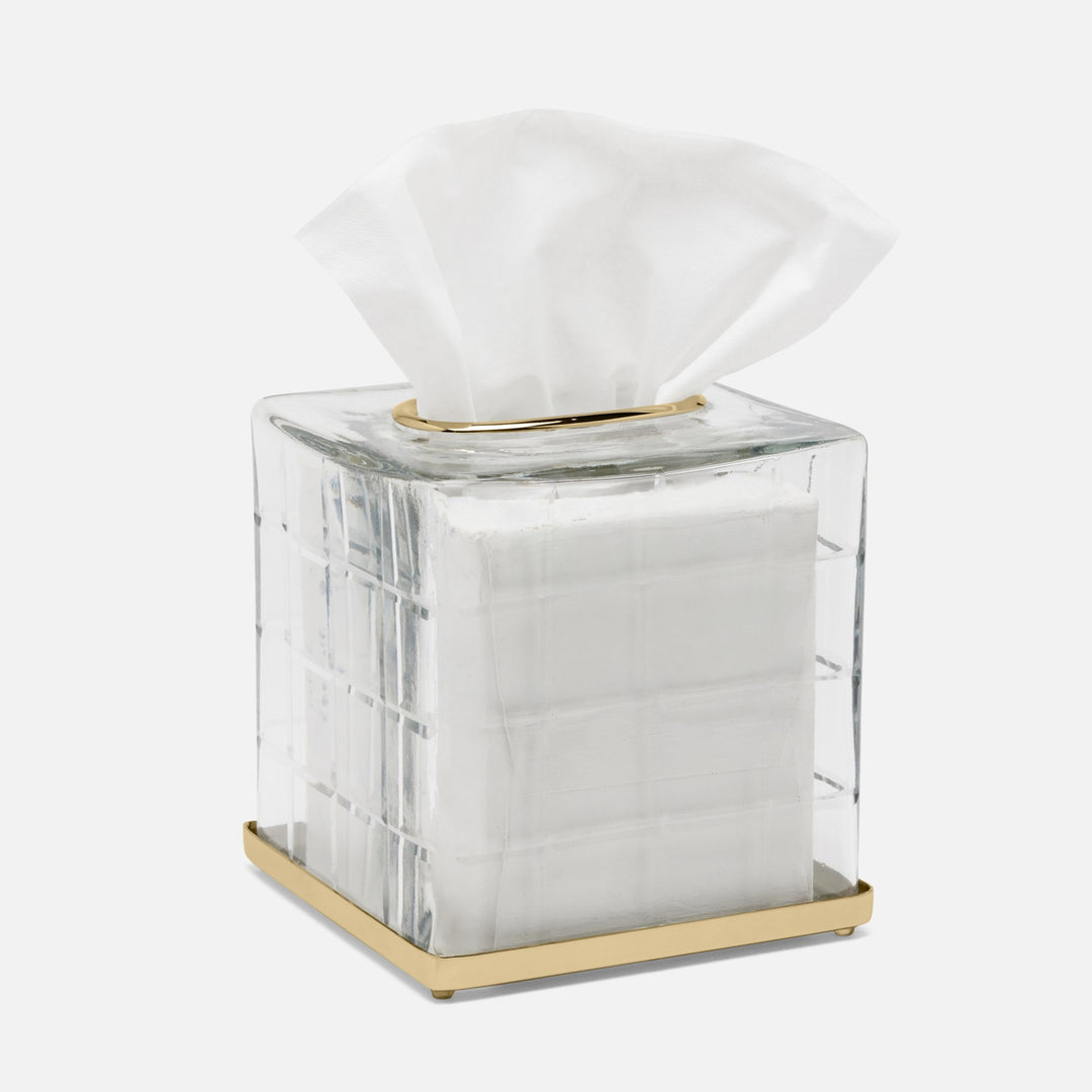 Argos, Smoke, Tissue Box, Square Straight, Glass W/Brass Trim