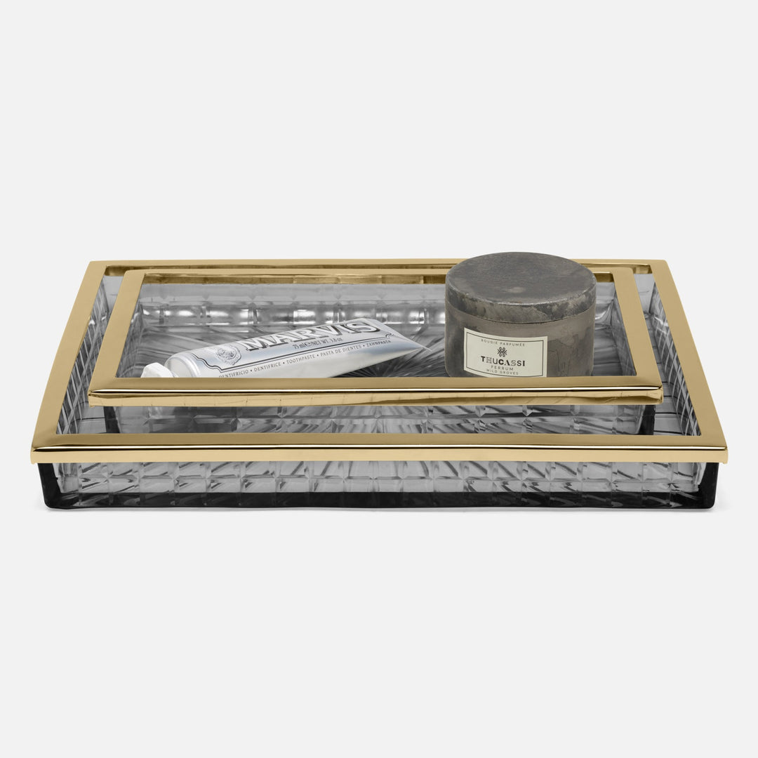 Argos, Smoke, Nested Trays, Rectangular Straight, Glass W/Brass Trim, S/2