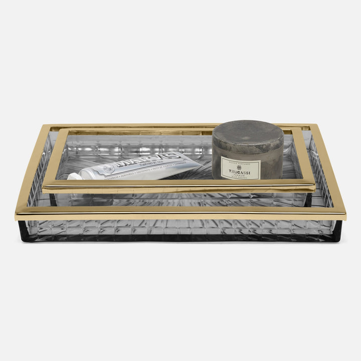 Argos, Smoke, Nested Trays, Rectangular Straight, Glass W/Brass Trim, S/2