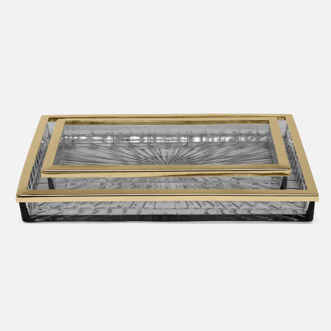 Argos, Smoke, Nested Trays, Rectangular Straight, Glass W/Brass Trim, S/2